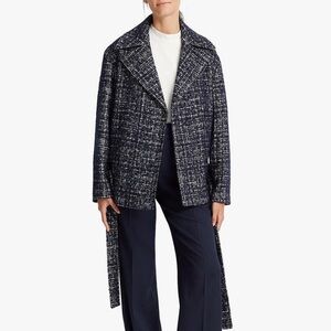 Club Monaco blue wool textured tweed belted shawl coat - size Small (S) NWT